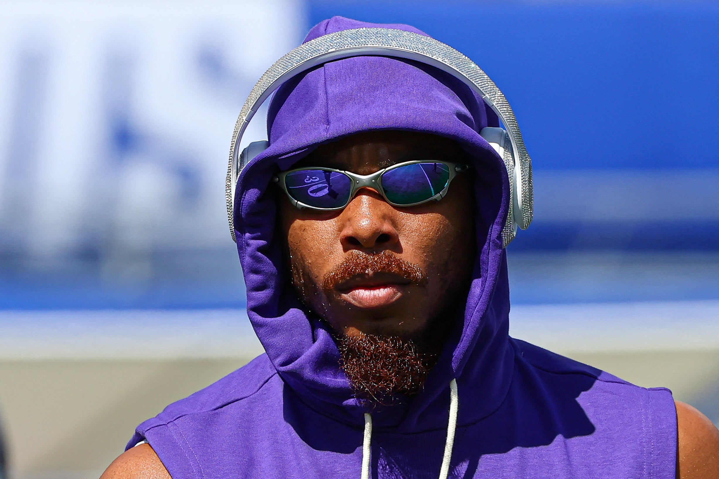 Aug 15, 2026; East Rutherford, New Jersey, USA; Minnesota Vikings wide receiver Justin Jefferson (18) warms up before the game against the New York Giants at MetLife Stadium.