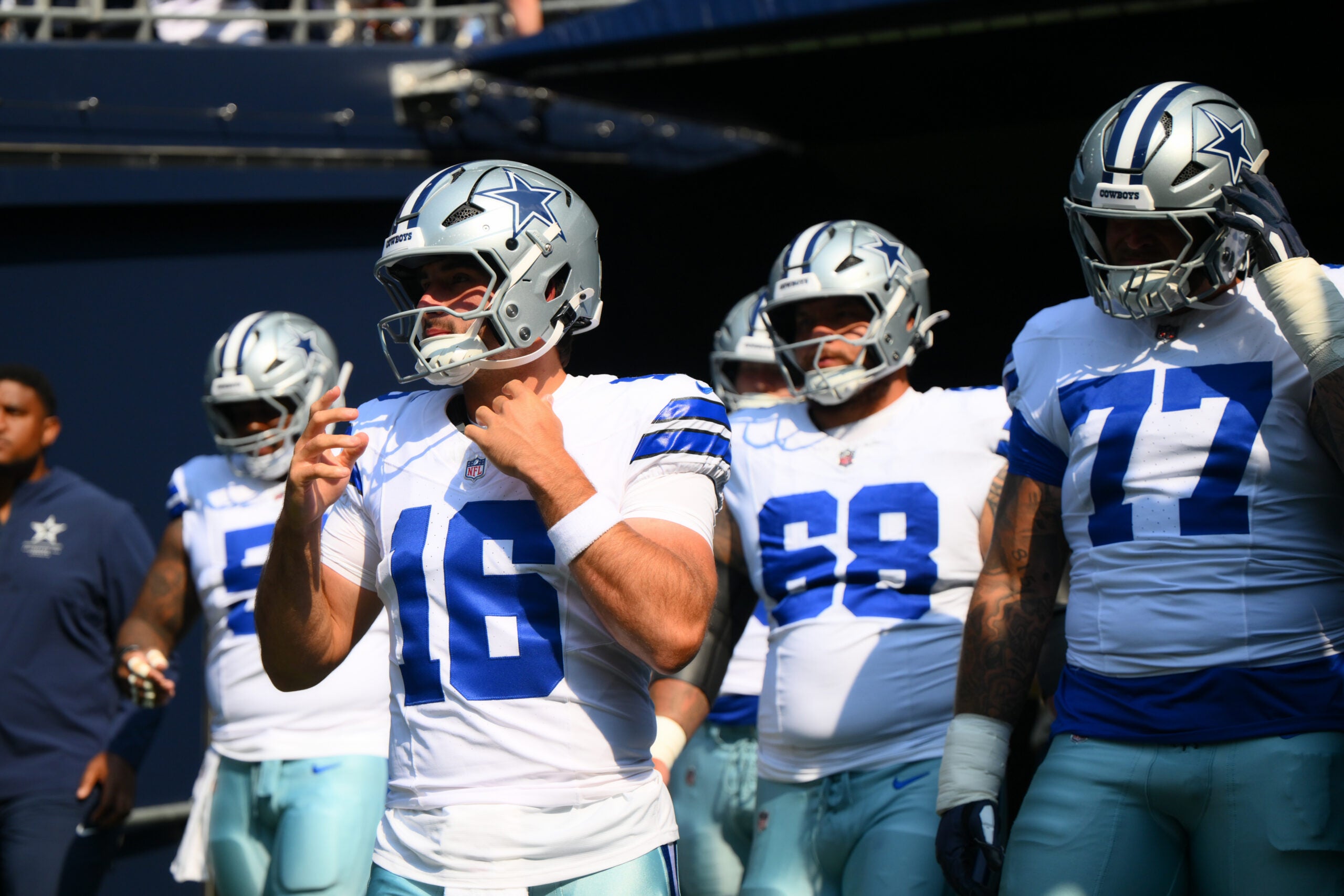 Aug 15, 2026; Seattle, Washington, USA; Dallas Cowboys quarterback Sam Howell (16) leads the team onto the field before the game against the Seattle Seahawks at Lumen Field.