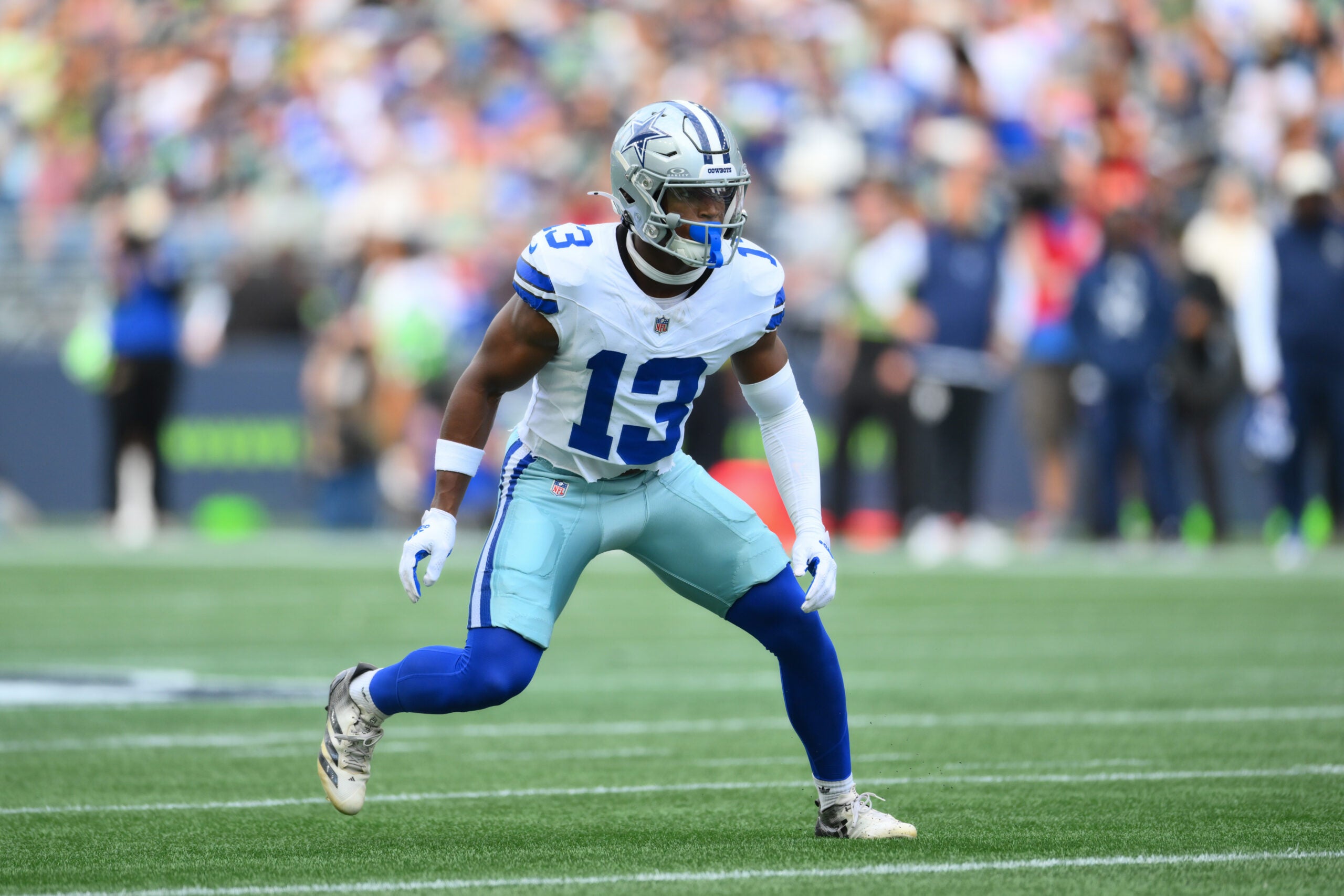 Aug 15, 2026; Seattle, Washington, USA; Dallas Cowboys safety Caleb Downs (13) during the first half against the Seattle Seahawks at Lumen Field.