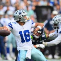 Aug 15, 2026; Seattle, Washington, USA; Dallas Cowboys quarterback Sam Howell (16) passes the ball against the Seattle Seahawks during the first half at Lumen Field.