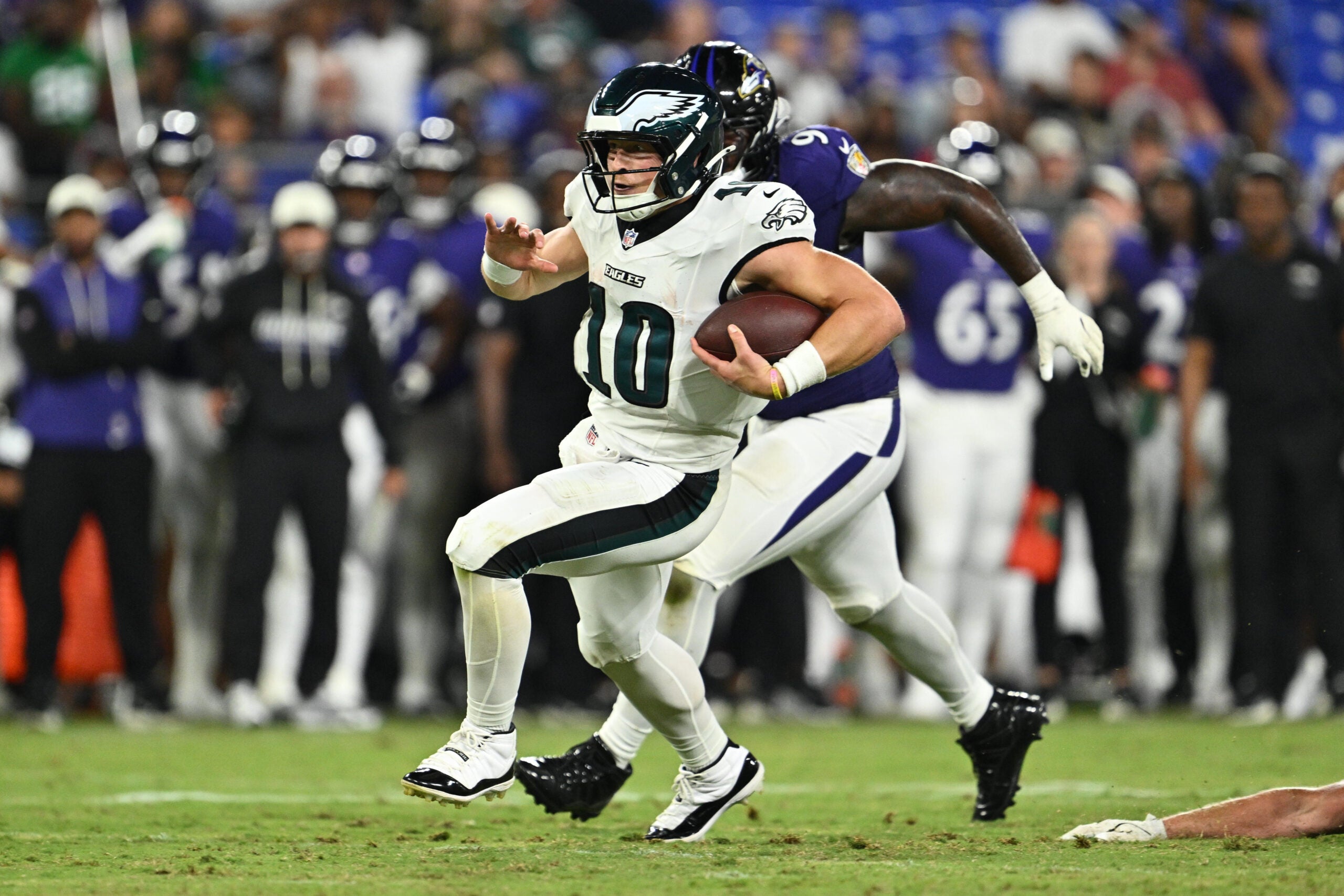 Aug 15, 2026; Baltimore, Maryland, USA; Philadelphia Eagles quarterback Cole Payton (10) carries the ball for a gain in the second half against the Baltimore Ravens at M&T Bank Stadium.