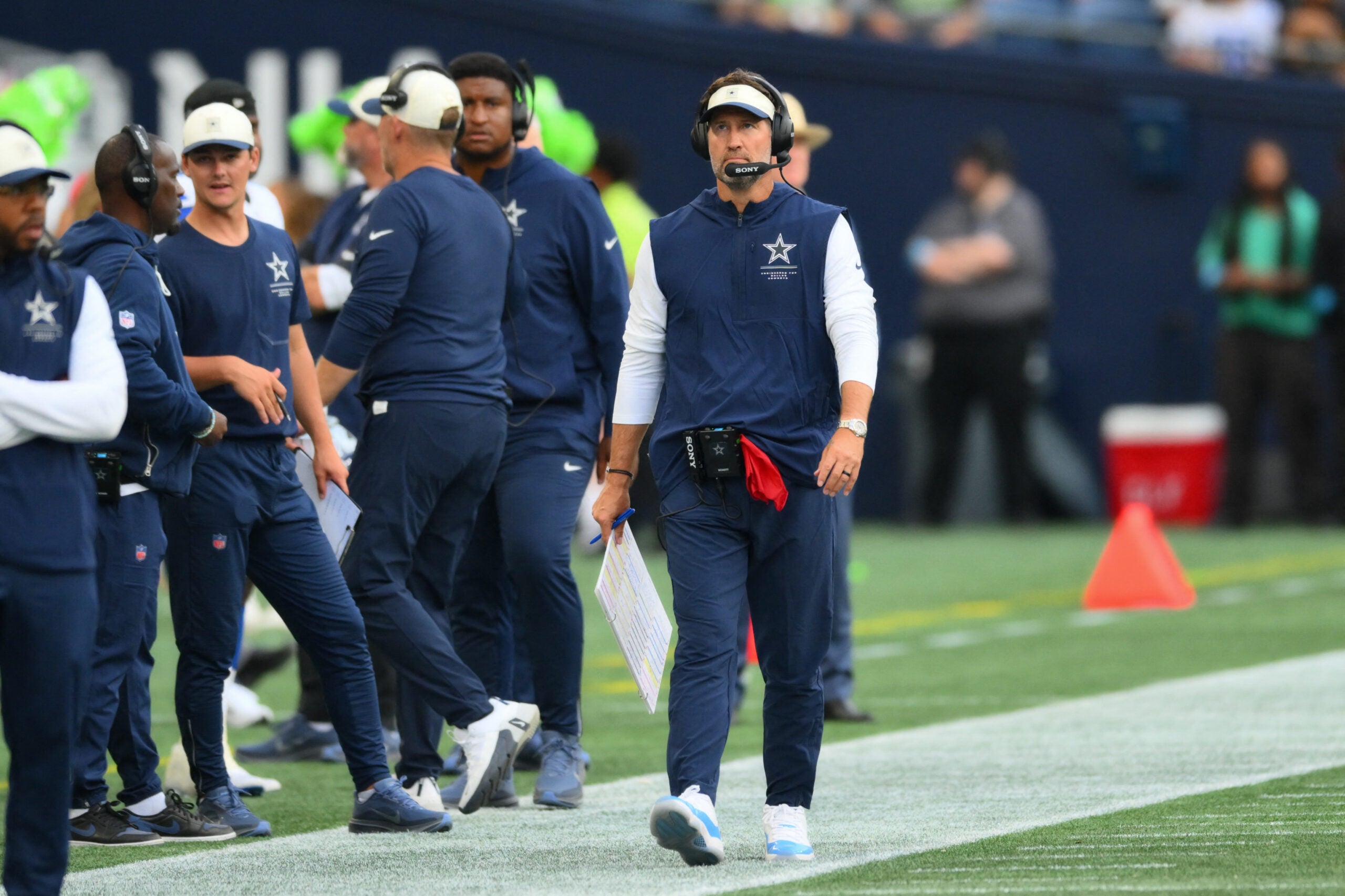 Aug 15, 2026; Seattle, Washington, USA; Dallas Cowboys head coach Brian Schottenheimer during the second half against the Seattle Seahawks at Lumen Field.