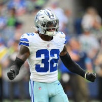 Aug 15, 2026; Seattle, Washington, USA; Dallas Cowboys specialist Julius Wood (32) reacts to a special teams play during the first half against the Seattle Seahawks at Lumen Field.