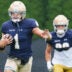 Wide receiver Jaden Greathouse (1) during a Notre Dame football practice at Irish Athletic Center on Sunday, Aug. 16, 2026, in South Bend.