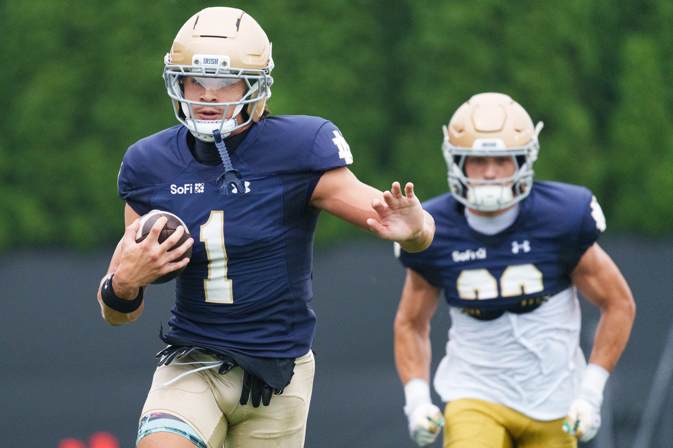 Wide receiver Jaden Greathouse (1) during a Notre Dame football practice at Irish Athletic Center on Sunday, Aug. 16, 2026, in South Bend.