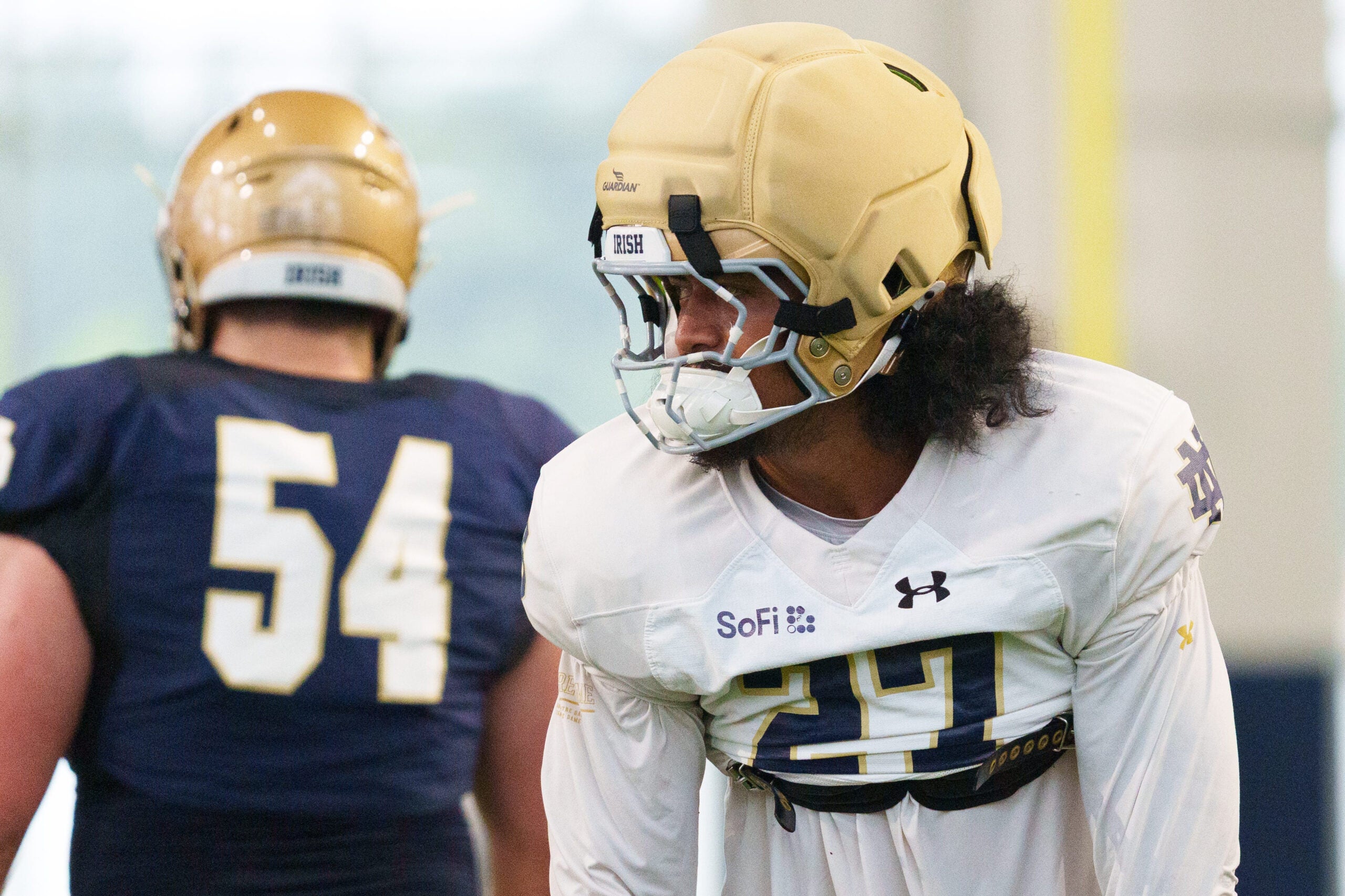 Linebacker Kyngstonn Viliamu-Asa (27) during a Notre Dame football practice at Irish Athletic Center on Sunday, Aug. 16, 2026, in South Bend.
