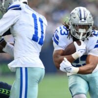 Aug 15, 2026; Seattle, Washington, USA; Dallas Cowboys running back Jaydon Blue (23) carries the ball against the Seattle Seahawks during the game at Lumen Field.