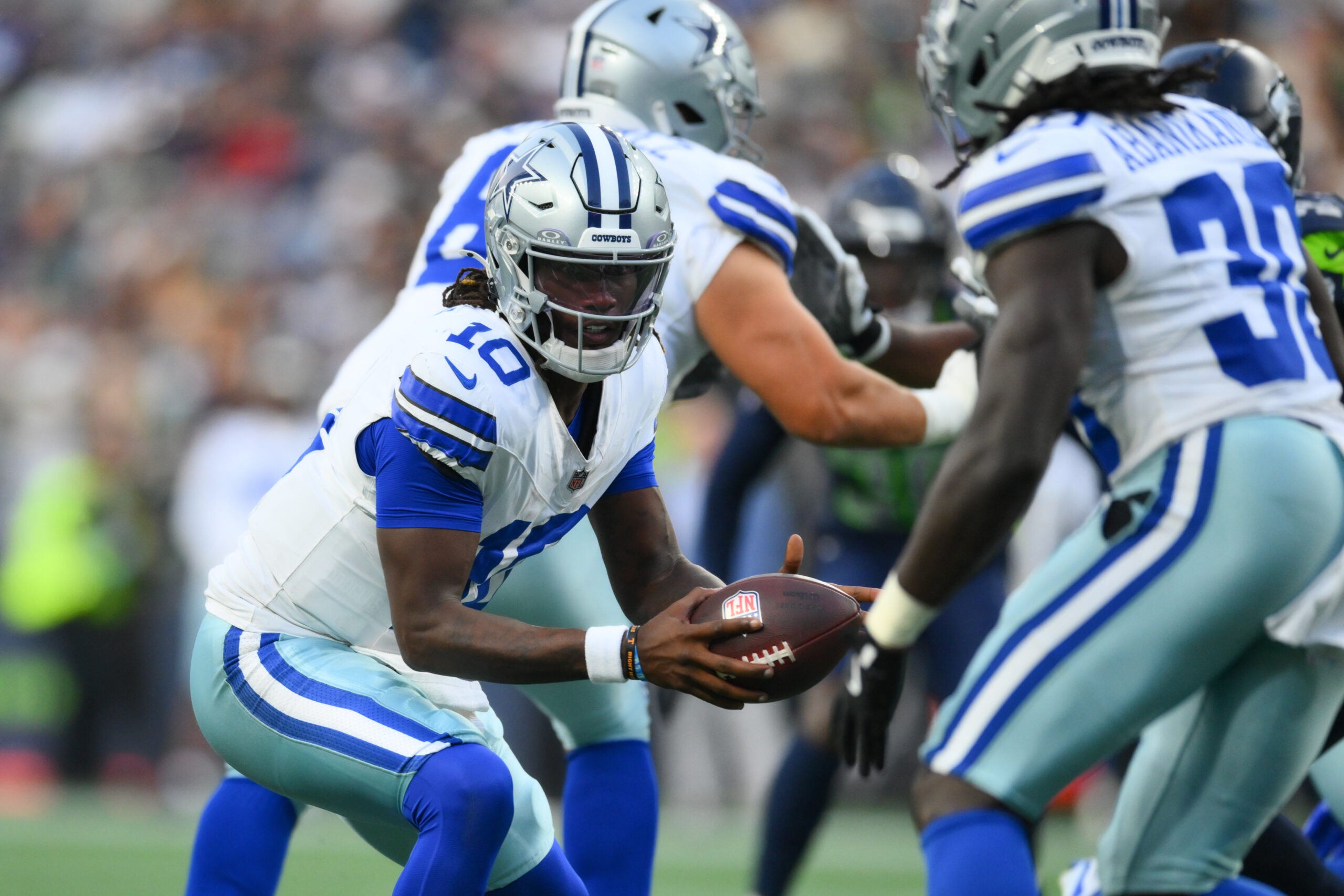 Aug 15, 2026; Seattle, Washington, USA; Dallas Cowboys quarterback Joe Milton III (10) during the game against the Seattle Seahawks at Lumen Field.