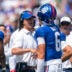 New York Giants head coach John Harbaugh chats with New York Giants quarterback Jaxson Dart (6) after a touchdown during a preseason opening game between the New York Giants and Minnesota Vikings on Saturday, Aug. 15, 2026, at MetLife Stadium in East Rutherford, NJ.
