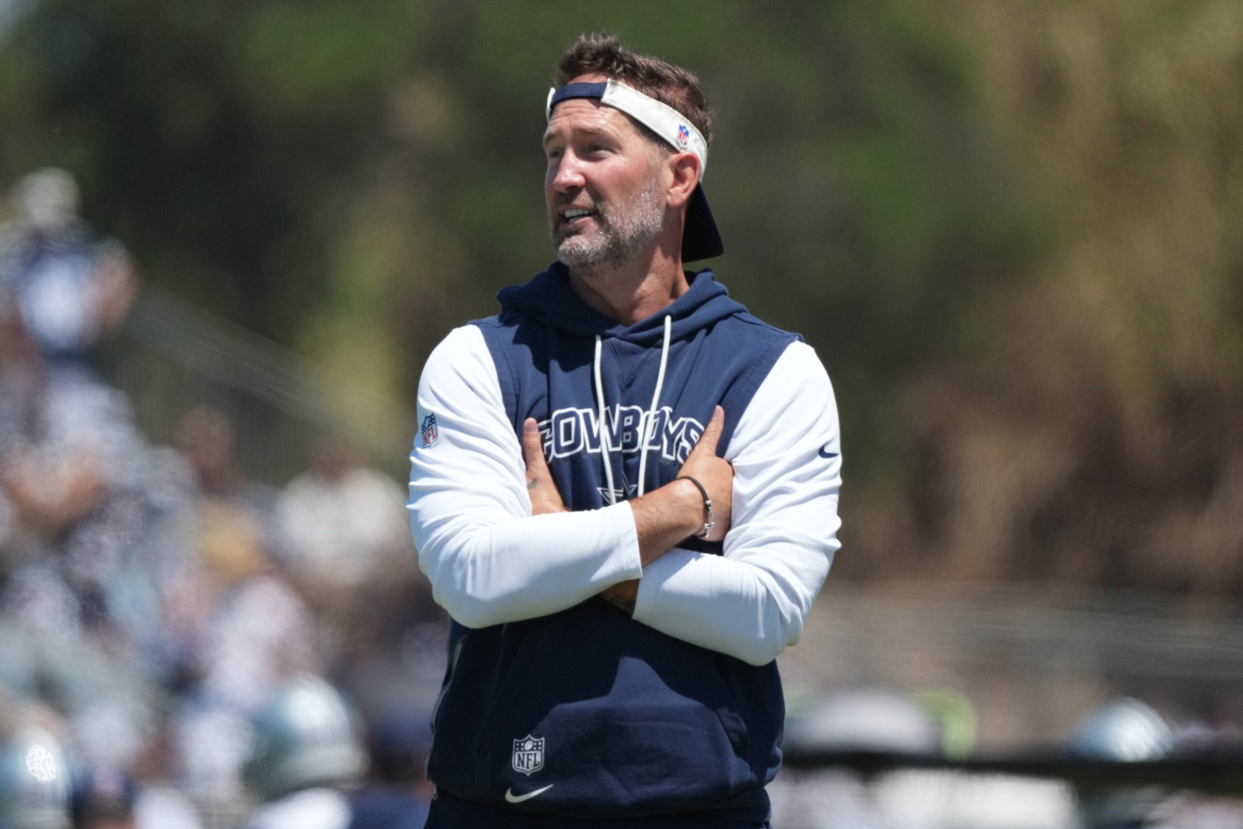 Aug 1, 2026; Oxnard, CA, USA; Dallas Cowboys coach Brian Schottenheimer at training camp at River Ridge Playing Fields.