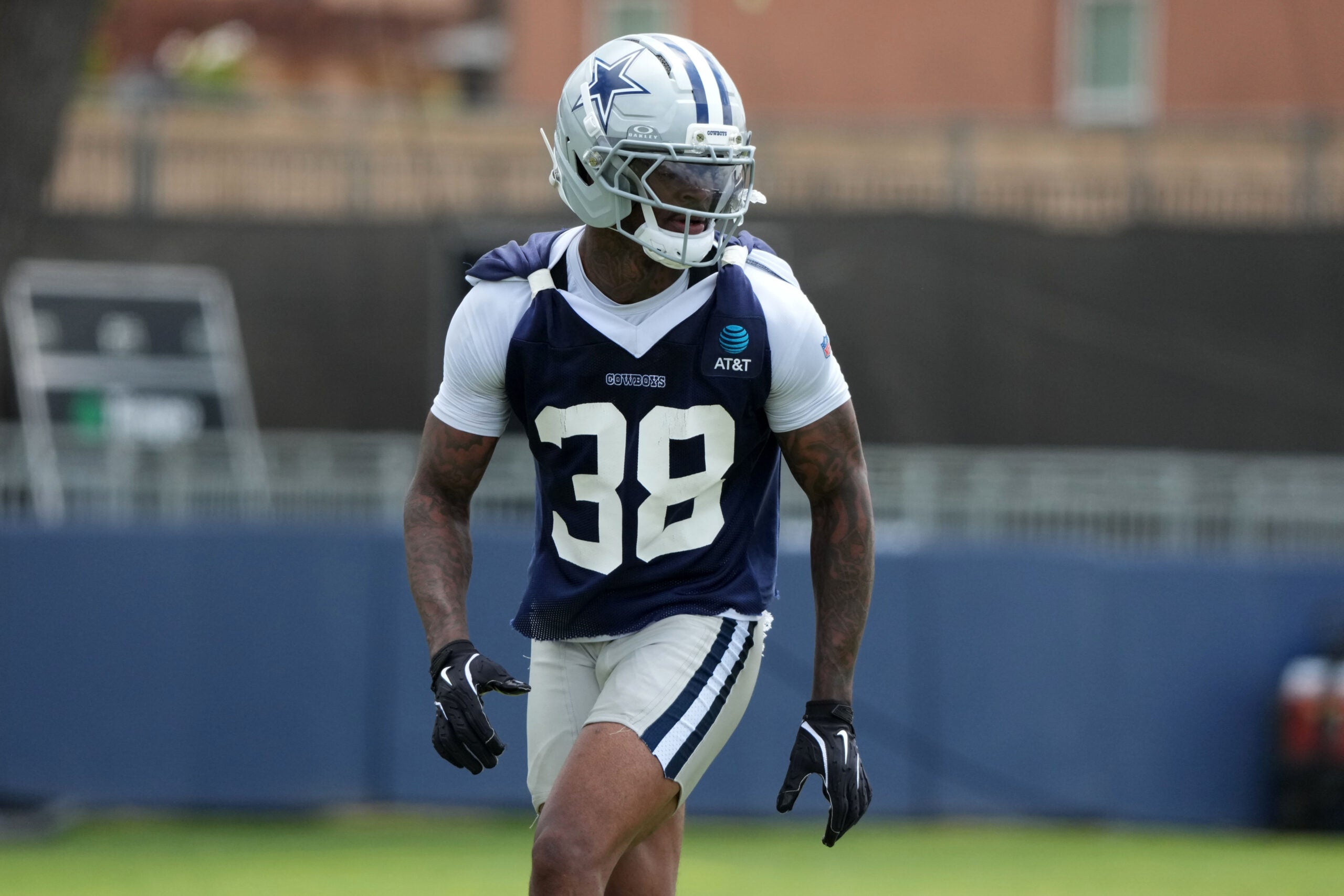 Jul 29, 2026; Oxnard, CA, USA; Dallas Cowboys safety Alijah Clark (38) at training camp at River Ridge Playing Fields.