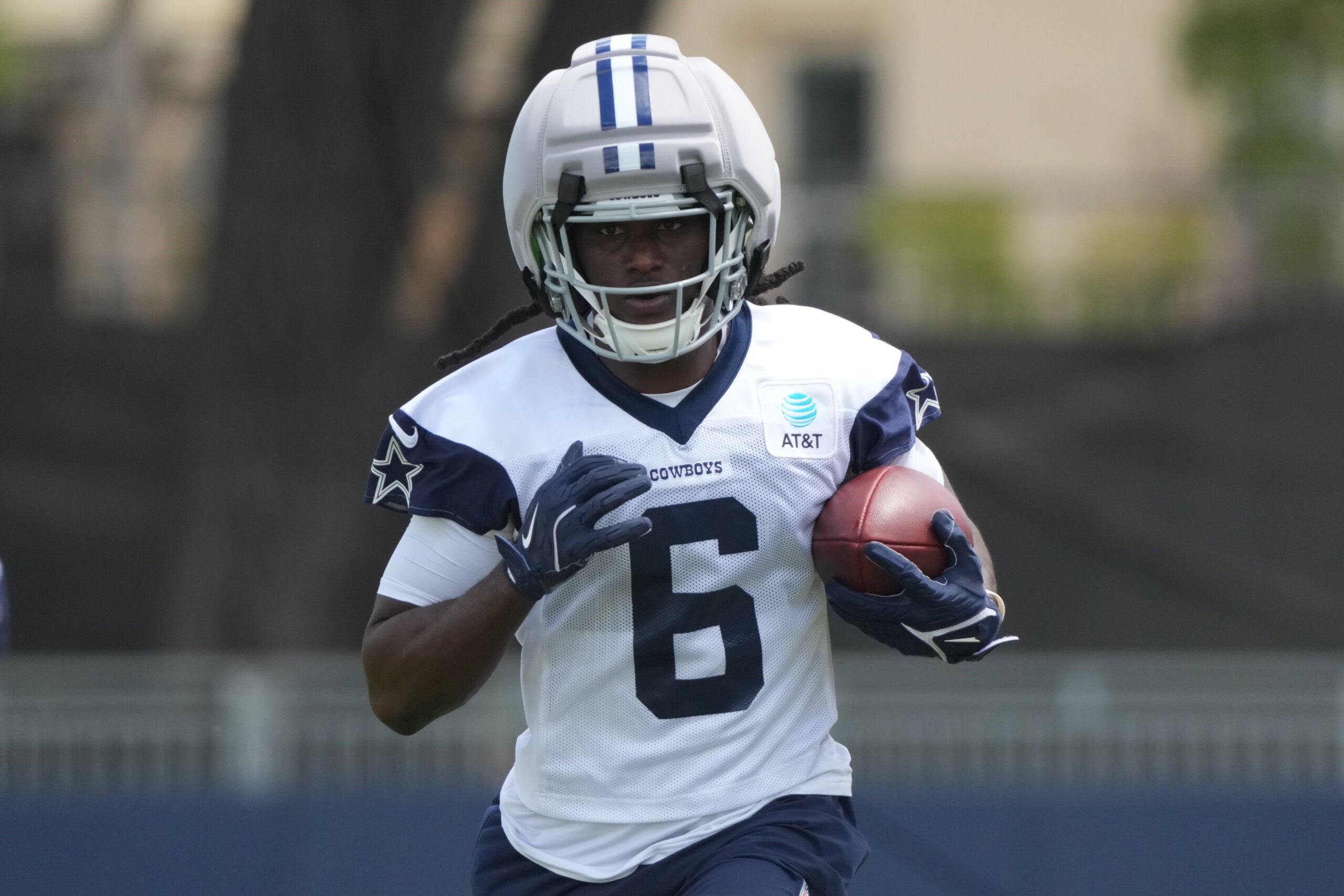 Jul 29, 2026; Oxnard, CA, USA; Dallas Cowboys wide receiver Camden Brown (6) carries the ball at training camp at River Ridge Playing Fields.