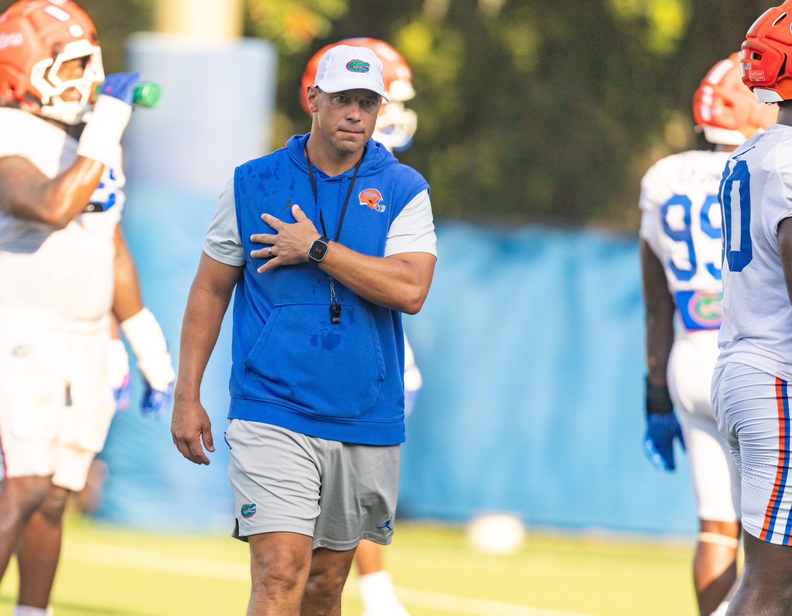 Florida 2026-2027 head coach Jon Sumrall watches drills during Florida football practice at Heavener Football Complex in Gainesville, FL on Tuesday, August 18, 2026.