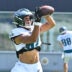 Aug 19, 2026; Foxborough, Massachusetts, USA; Philadelphia Eagles tight end Eli Stowers (87) makes a catch during training camp at Gillette Stadium.