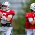 Indianapolis Colts quarterbacks Riley Leonard (15) and Daniel Jones (17) pass Wednesday, Aug. 19, 2026, during a joint practice with the Atlanta Falcons at Grand Park in Westfield.