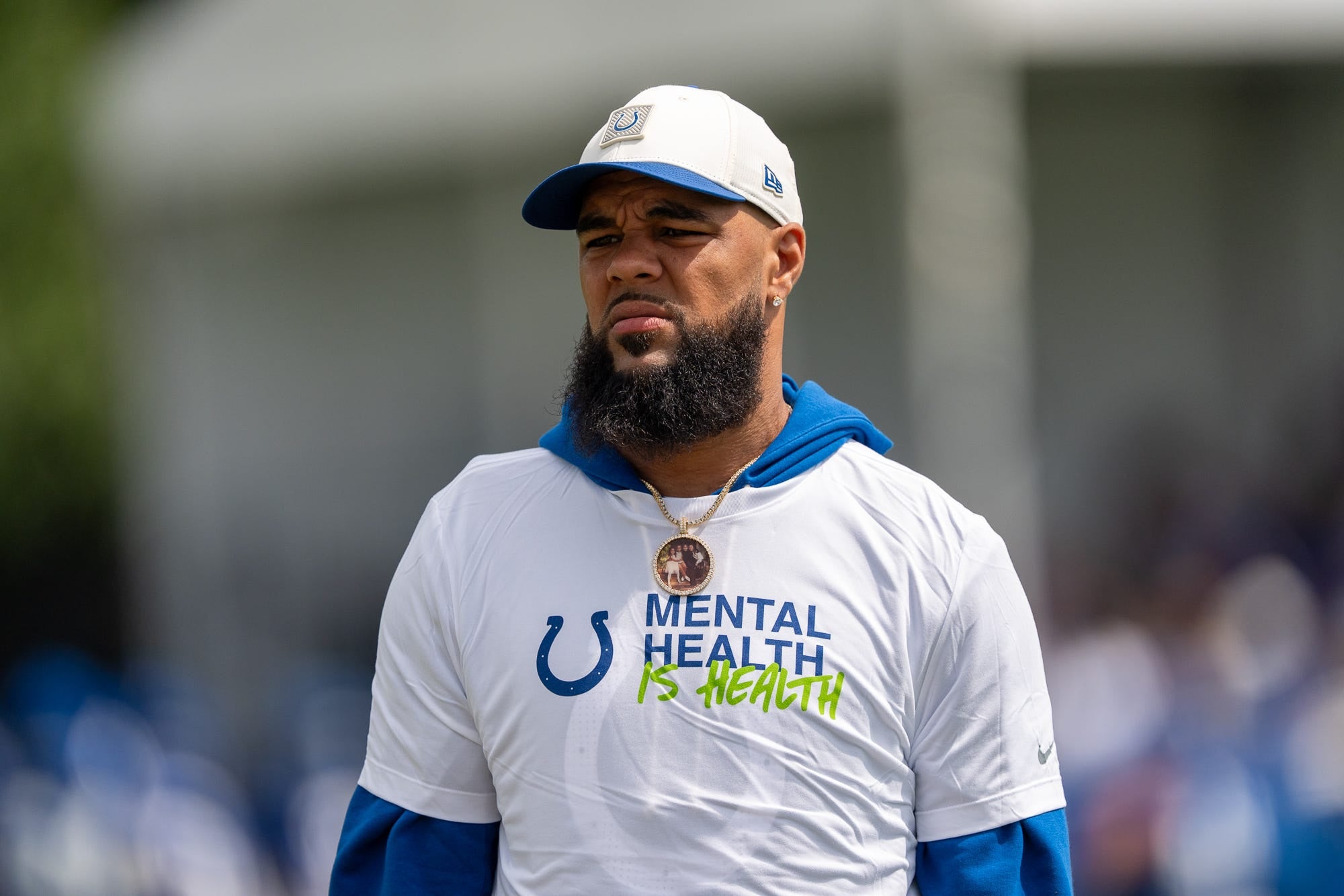 Indianapolis Colts wide receiver Keenan Allen watches Wednesday, Aug. 19, 2026, during a joint practice with the Atlanta Falcons at Grand Park in Westfield.