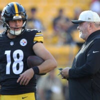 Aug 21, 2026; Pittsburgh, Pennsylvania, USA; Pittsburgh Steelers quarterback Will Howard (18) talks with head coach Mike McCarthy before the game against the New York Jets at Acrisure Stadium.