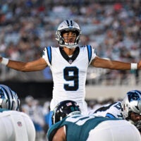 Aug 21, 2026; Jacksonville, Florida, USA; Carolina Panthers quarterback Bryce Young (9) calls an audible during the first quarter of the preseason game against the Jacksonville Jaguars at EverBank Stadium.