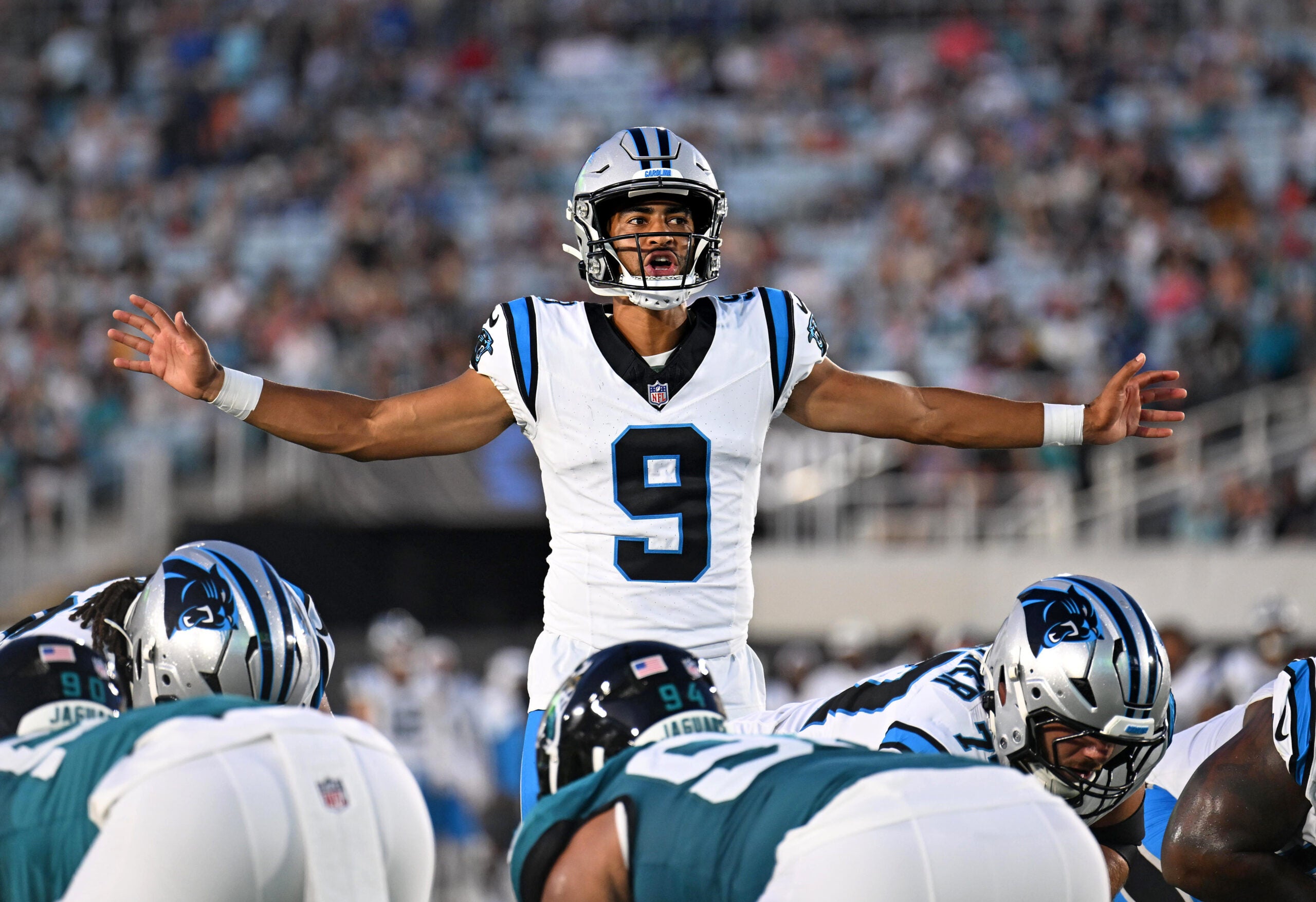 Aug 21, 2026; Jacksonville, Florida, USA; Carolina Panthers quarterback Bryce Young (9) calls an audible during the first quarter of the preseason game against the Jacksonville Jaguars at EverBank Stadium.