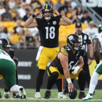 Aug 21, 2026; Pittsburgh, Pennsylvania, USA; Pittsburgh Steelers quarterback Will Howard (18) calls an audible at the line of scrimmage against the New York Jets during the second quarter at Acrisure Stadium.