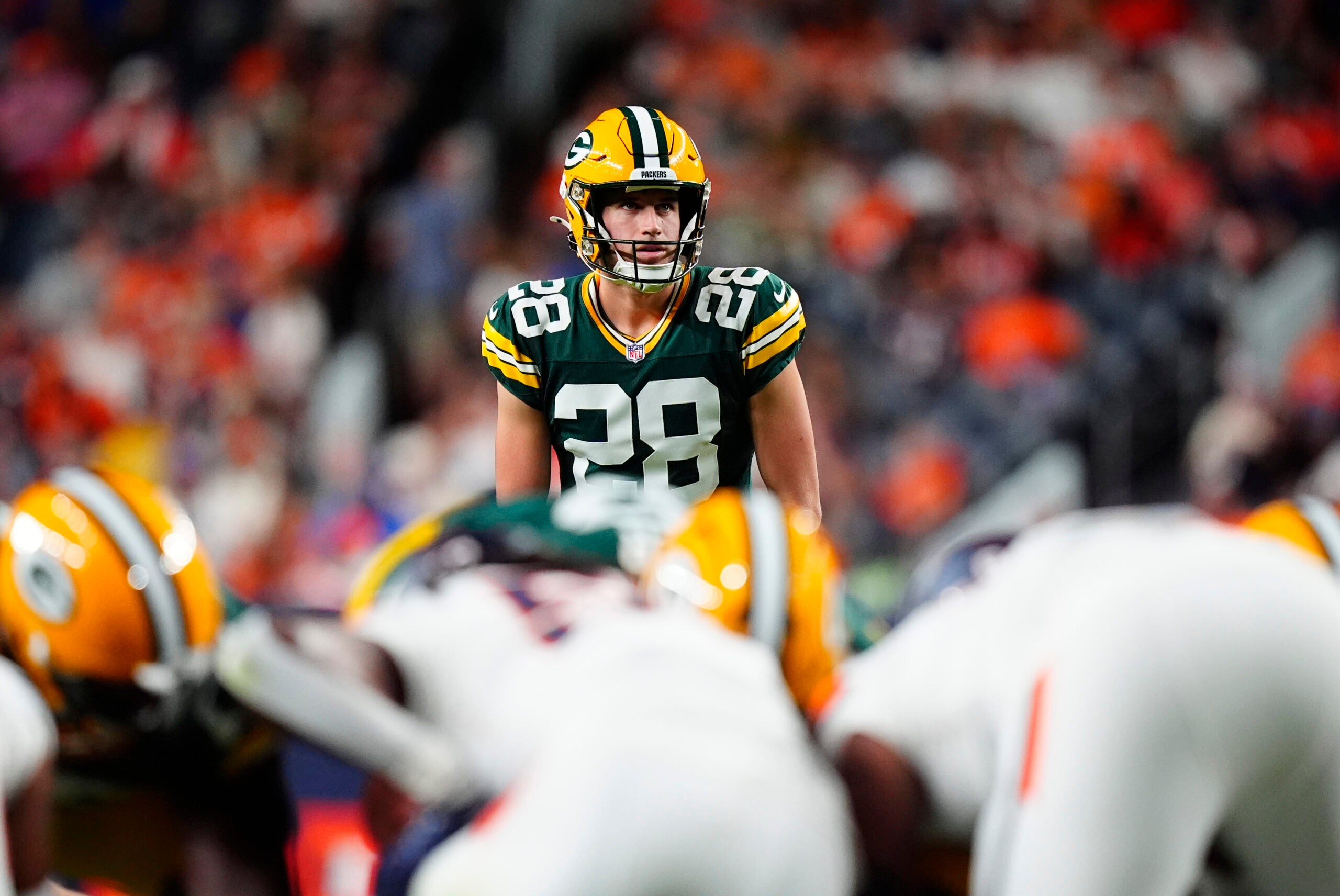 Aug 21, 2026; Denver, Colorado, USA; Green Bay Packers kicker Trey Smack (28) prepares to kick a field goal in the second half of a preseason game against the Denver Broncos at Empower Field at Mile High.