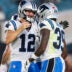 Aug 21, 2026; Jacksonville, Florida, USA; Carolina Panthers quarterback Kenny Pickett (12) congratulates wide receiver Roc Taylor (39) after a touchdown against the Jacksonville Jaguars in the third quarter during a preseason game at EverBank Stadium.