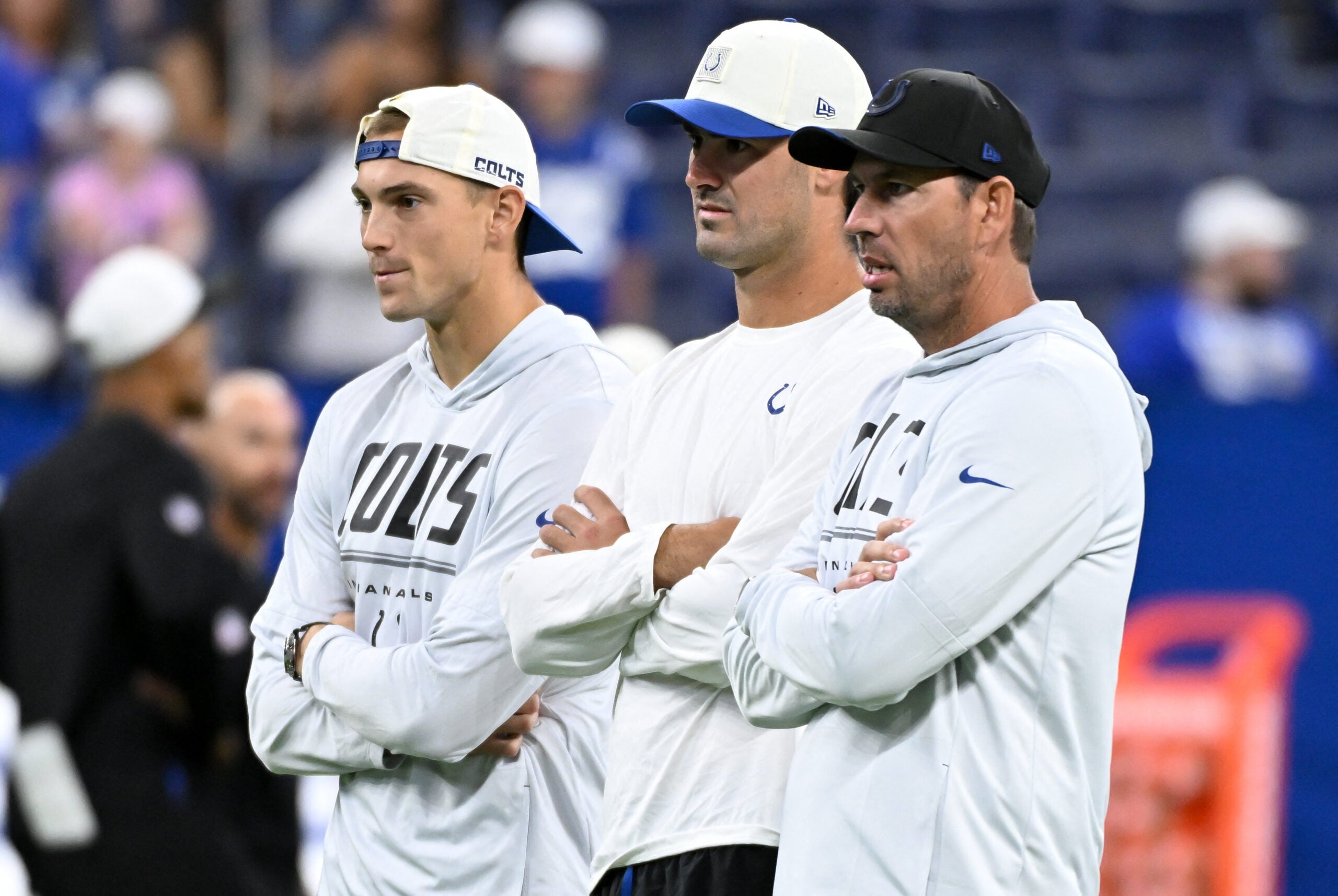 Aug 22, 2026; Indianapolis, Indiana, USA; Indianapolis Colts wide receiver Alec Pierce (14), Indianapolis Colts quarterback Daniel Jones (17) and Indianapolis Colts head coach Shane Steichen are seen prior to the game against the Atlanta Falcons at Lucas Oil Stadium.