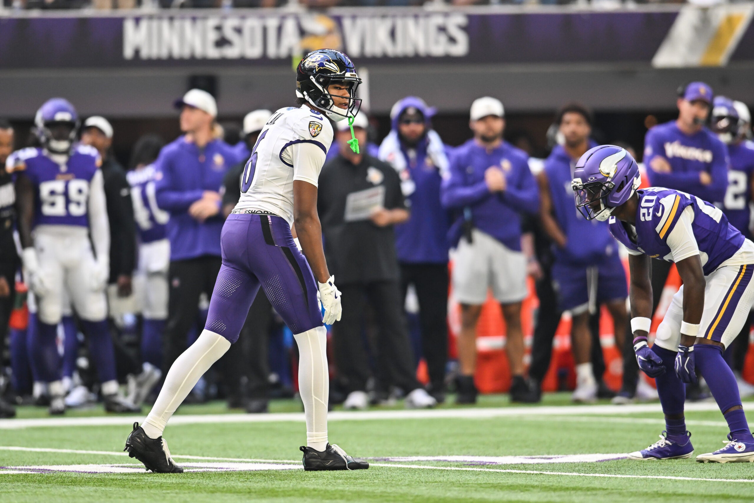 Aug 22, 2026; Minneapolis, Minnesota, USA; Baltimore Ravens wide receiver Ja'kobi Lane (6) lines up against Minnesota Vikings cornerback Charles Demmings (20) during the first quarter at U.S. Bank Stadium.