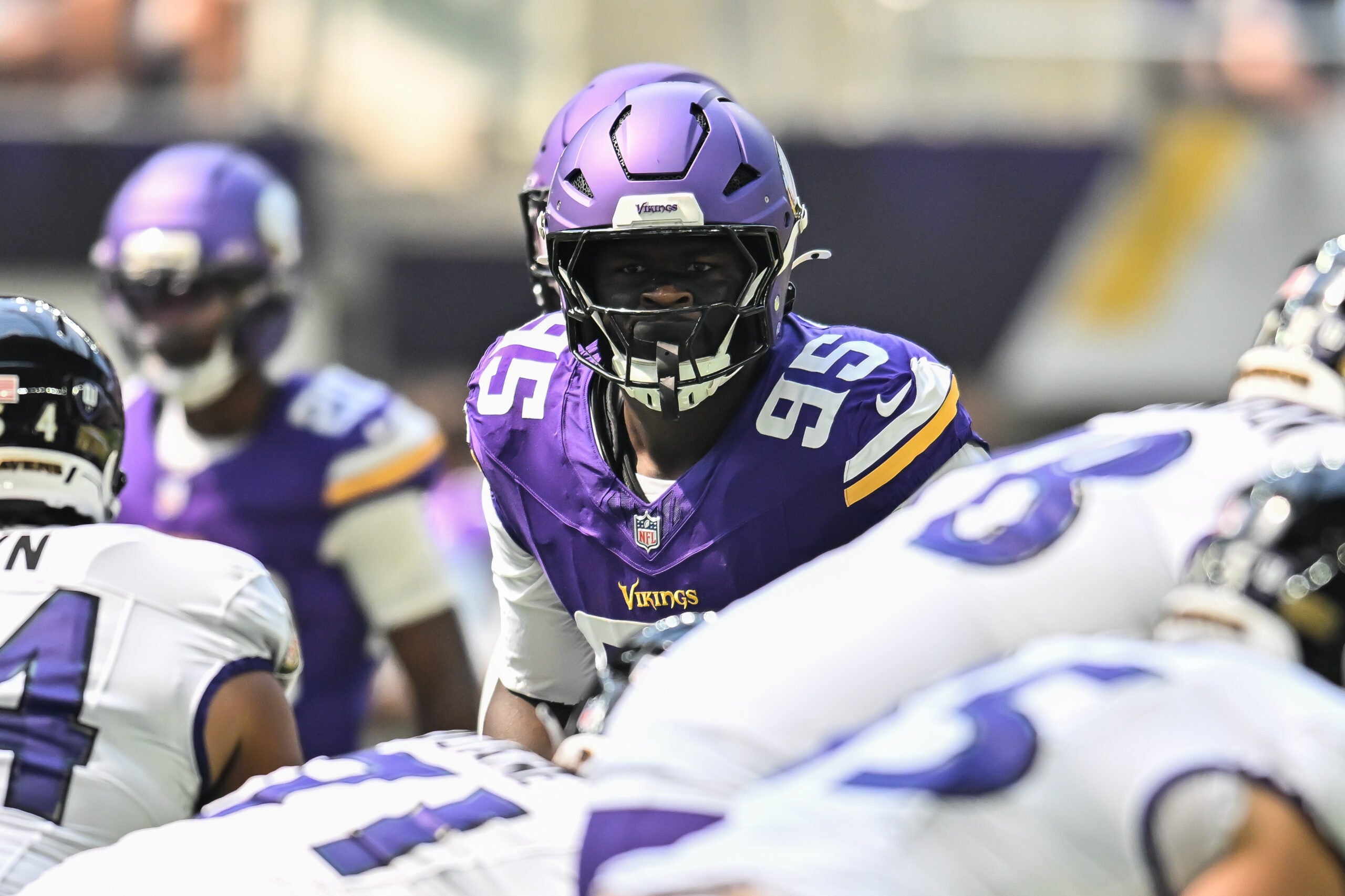 Aug 22, 2026; Minneapolis, Minnesota, USA; Minnesota Vikings defensive tackle Caleb Banks (95) lines up against the Baltimore Ravens during the first quarter at U.S. Bank Stadium.