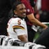 Aug 22, 2026; Detroit, Michigan, USA; Washington Commanders quarterback Jayden Daniels (5) on the bench against the Detroit Lions in the first quarter at Ford Field.