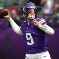 Aug 22, 2026; Minneapolis, Minnesota, USA; Minnesota Vikings quarterback J.J. McCarthy (9) throws the ball against the Baltimore Ravens during the first half at U.S. Bank Stadium.