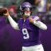 Aug 22, 2026; Minneapolis, Minnesota, USA; Minnesota Vikings quarterback J.J. McCarthy (9) throws the ball against the Baltimore Ravens during the first half at U.S. Bank Stadium.