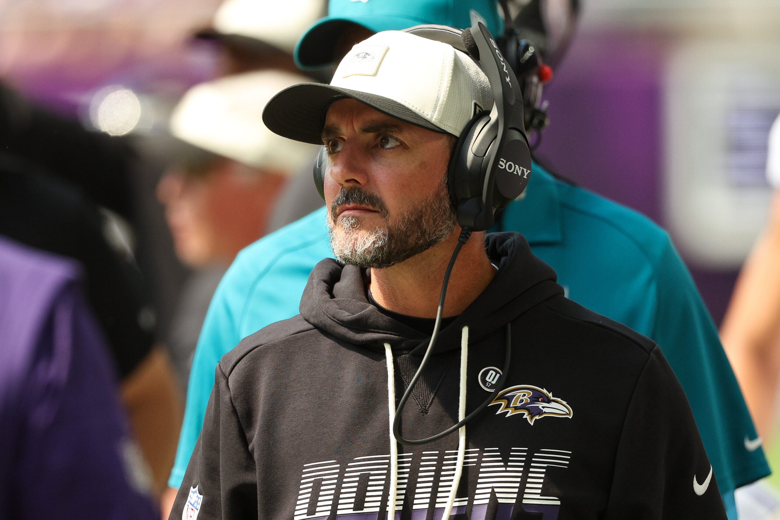 Aug 22, 2026; Minneapolis, Minnesota, USA; Baltimore Ravens head coach Jesse Minter looks on during the second half against the Minnesota Vikings at U.S. Bank Stadium.