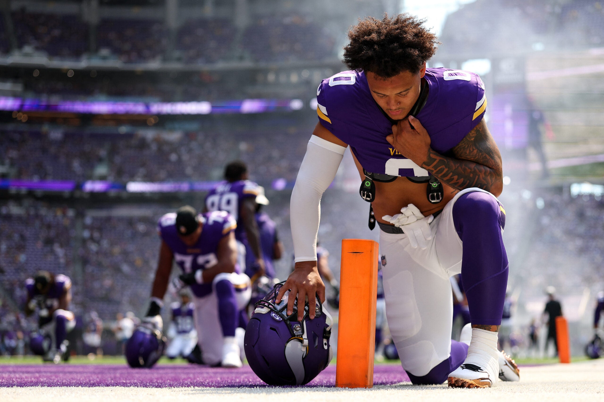 Aug 22, 2026; Minneapolis, Minnesota, USA; Minnesota Vikings linebacker Ivan Pace Jr. (0) prays before the game against the Baltimore Ravens at U.S. Bank Stadium.