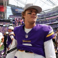 Aug 22, 2026; Minneapolis, Minnesota, USA; Minnesota Vikings quarterback J.J. McCarthy (9) looks on after the game against the Baltimore Ravens at U.S. Bank Stadium.