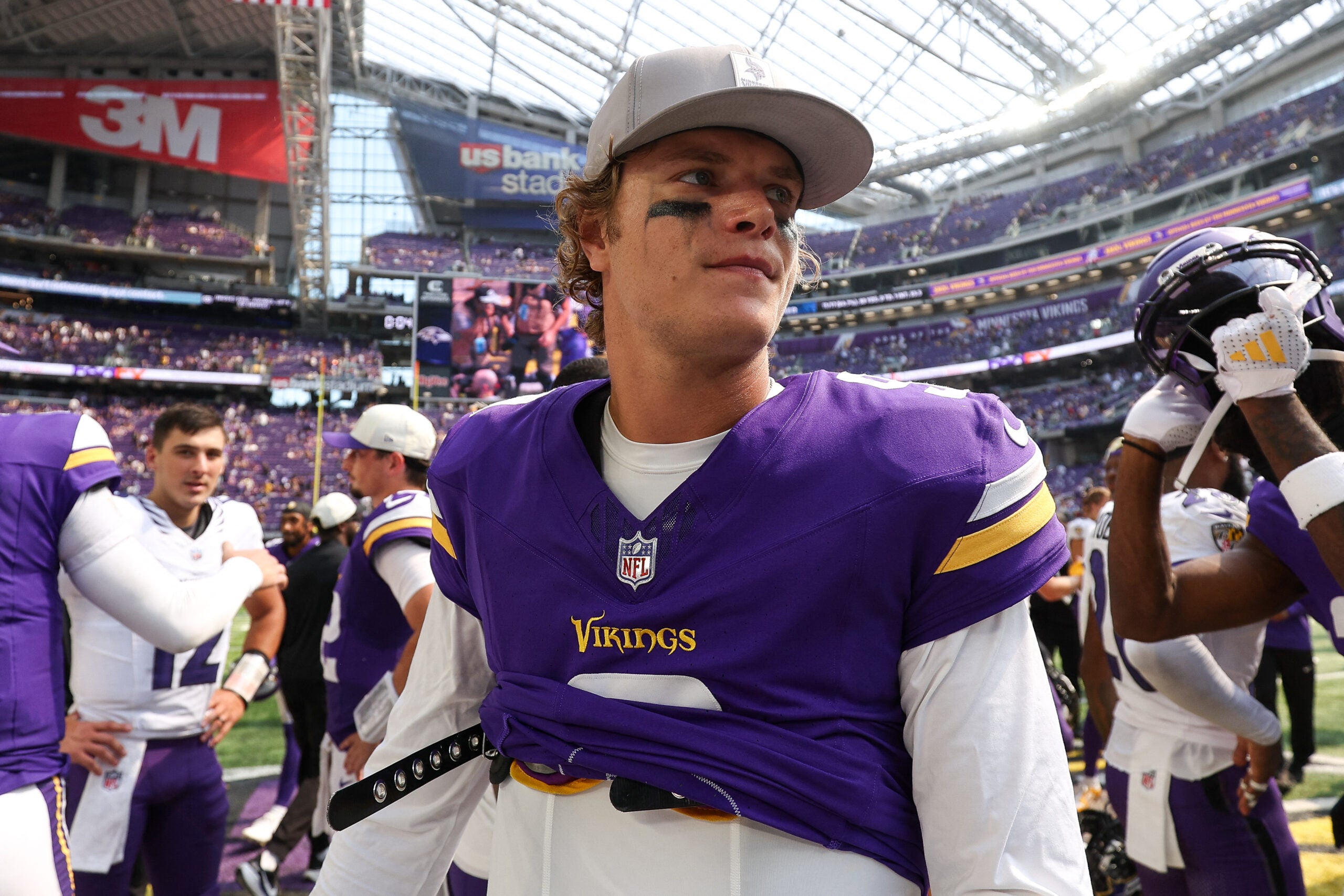 Aug 22, 2026; Minneapolis, Minnesota, USA; Minnesota Vikings quarterback J.J. McCarthy (9) looks on after the game against the Baltimore Ravens at U.S. Bank Stadium.