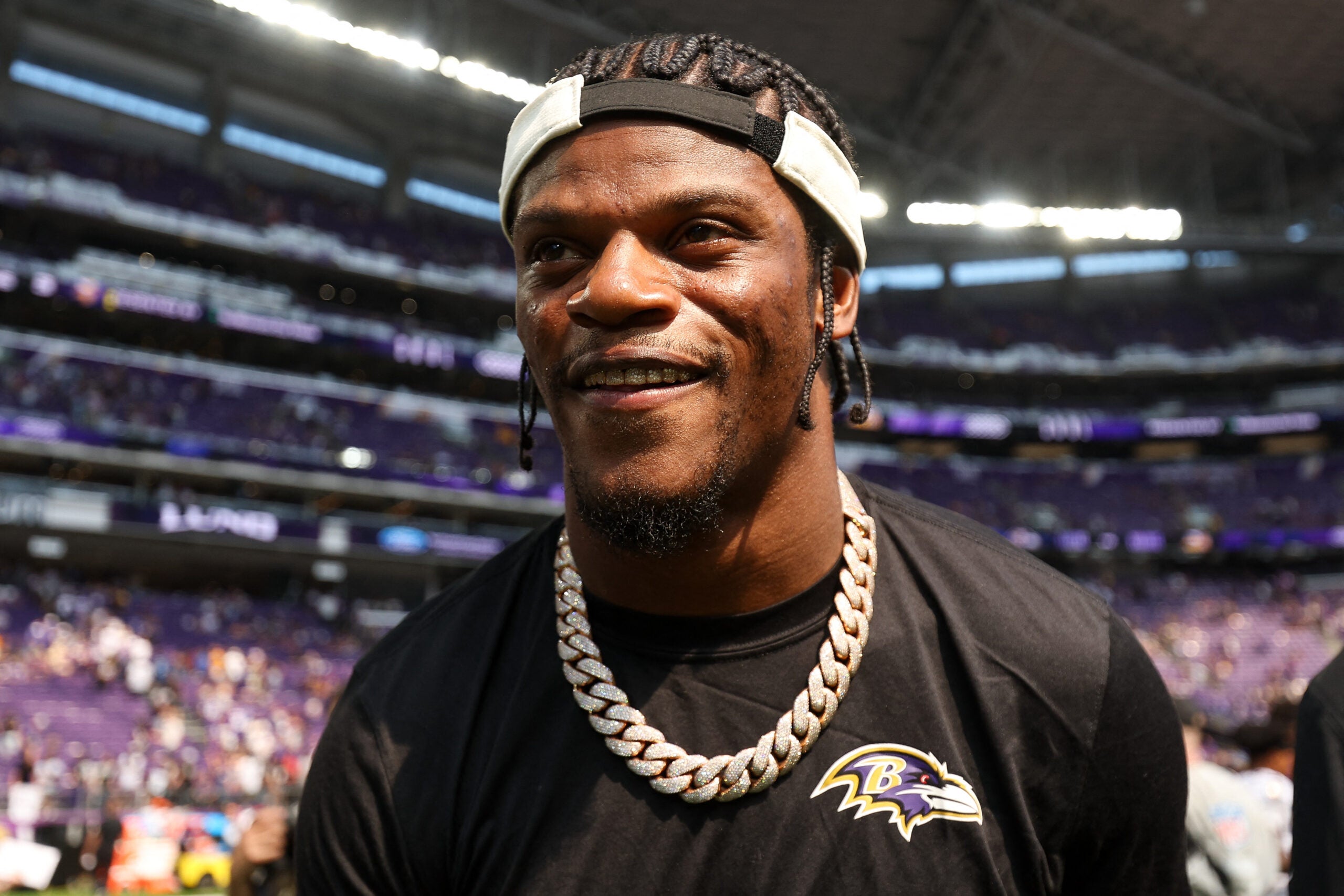 Aug 22, 2026; Minneapolis, Minnesota, USA; Baltimore Ravens quarterback Lamar Jackson (8) looks on after the game against the Minnesota Vikings at U.S. Bank Stadium.