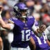 Aug 22, 2026; Minneapolis, Minnesota, USA; Minnesota Vikings quarterback Max Brosmer (12) throws a pass against the Baltimore Ravens during the fourth quarter at U.S. Bank Stadium.