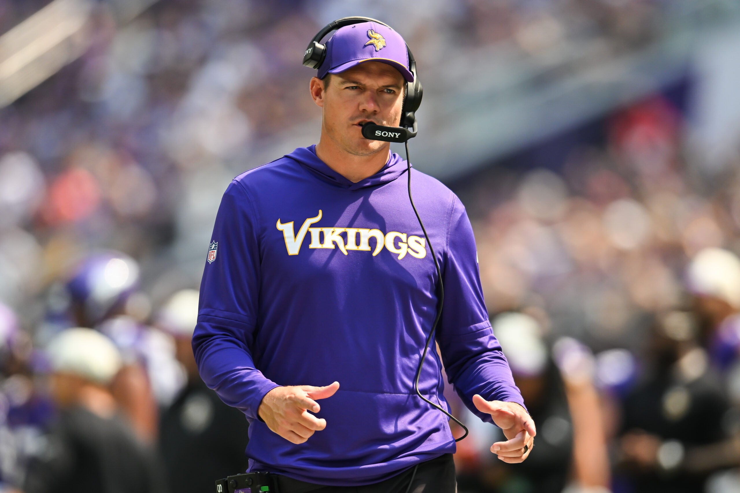 Aug 22, 2026; Minneapolis, Minnesota, USA; Minnesota Vikings head coach Kevin O'Connell reacts during the fourth quarter against the Baltimore Ravens at U.S. Bank Stadium.