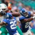 Aug 22, 2026; Miami Gardens, Florida, USA; New York Giants safety Tyler Nubin (27) and safety Jason Pinnock (25) defend against Miami Dolphins wide receiver Kevin Coleman Jr. (83) during the first half at Hard Rock Stadium.