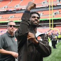 Aug 22, 2026; Cleveland, Ohio, USA; Cleveland Browns quarterback Shedeur Sanders (2) acknowledges fans after the game between the Browns and the Buffalo Bills during the second half at Huntington Bank Field.