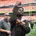 Aug 22, 2026; Cleveland, Ohio, USA; Cleveland Browns quarterback Shedeur Sanders (2) acknowledges fans after the game between the Browns and the Buffalo Bills during the second half at Huntington Bank Field.