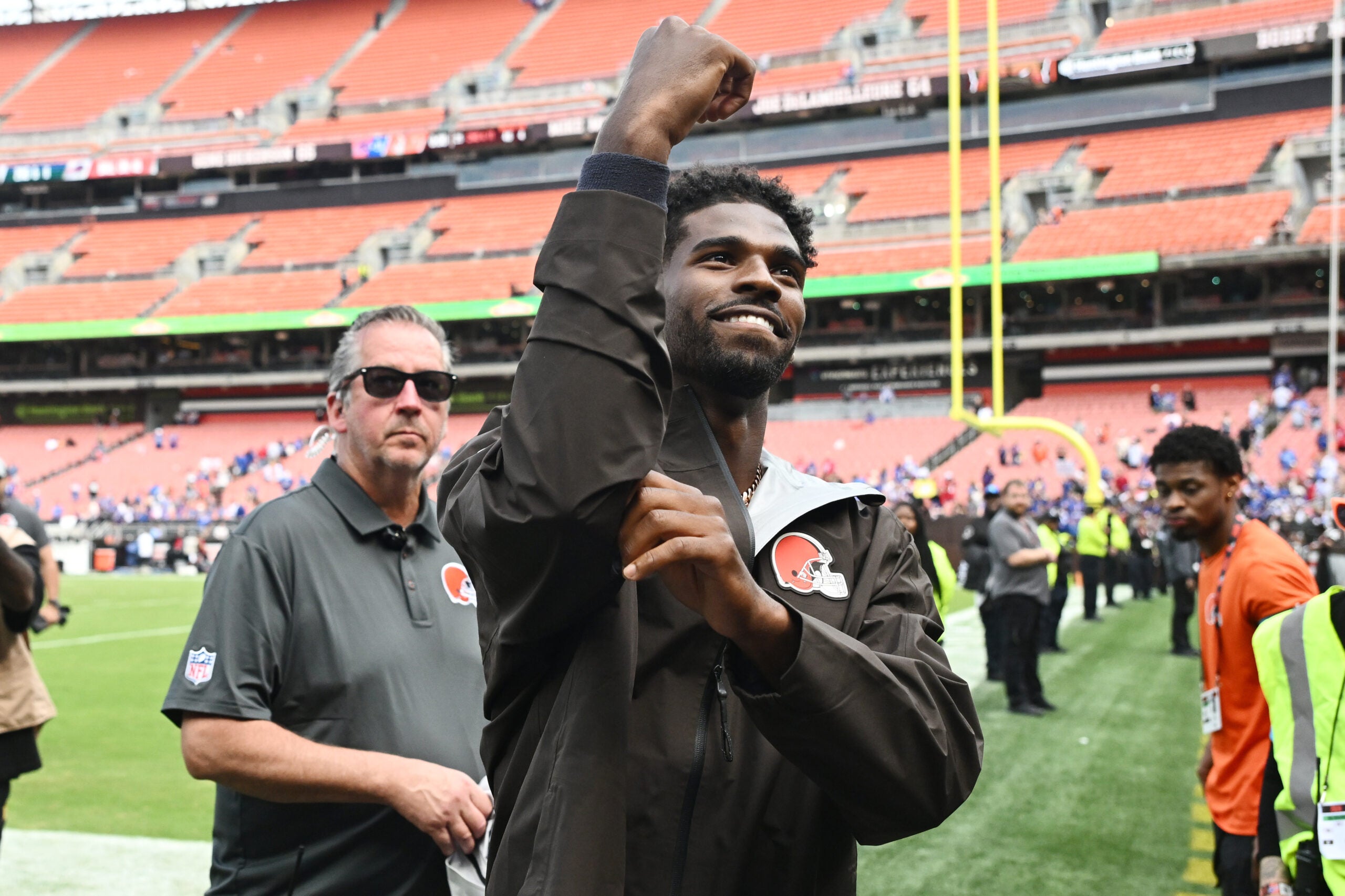 Aug 22, 2026; Cleveland, Ohio, USA; Cleveland Browns quarterback Shedeur Sanders (2) acknowledges fans after the game between the Browns and the Buffalo Bills during the second half at Huntington Bank Field.