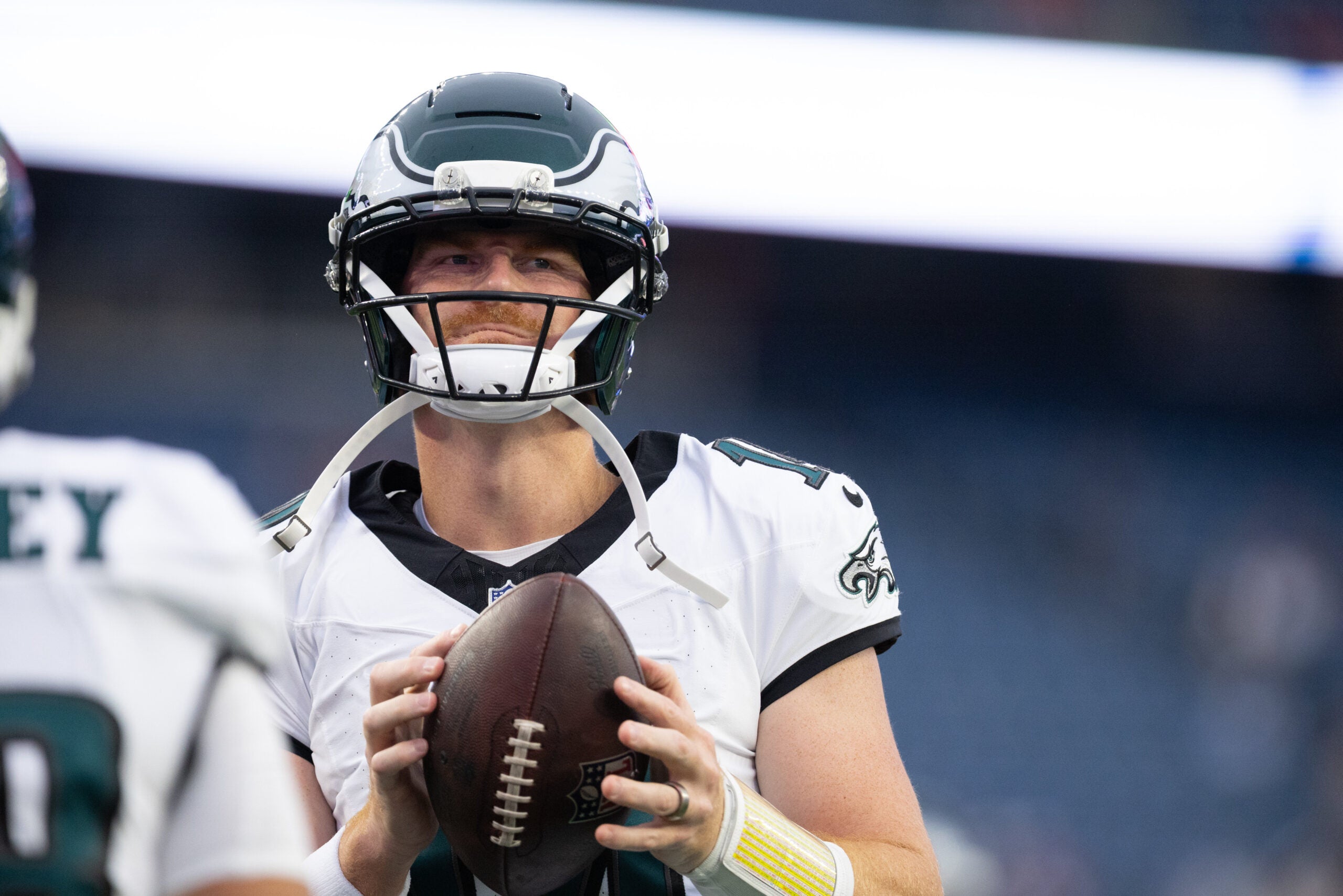 Aug 22, 2026; Foxborough, Massachusetts, USA; Philadelphia Eagles quarterback Andy Dalton (14) warms up before the game against the New England Patriots at Gillette Stadium.