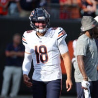 Aug 22, 2026; Cincinnati, Ohio, USA; Chicago Bears quarterback Caleb Williams (18) warms up before the game against the Cincinnati Bengals at Paycor Stadium.