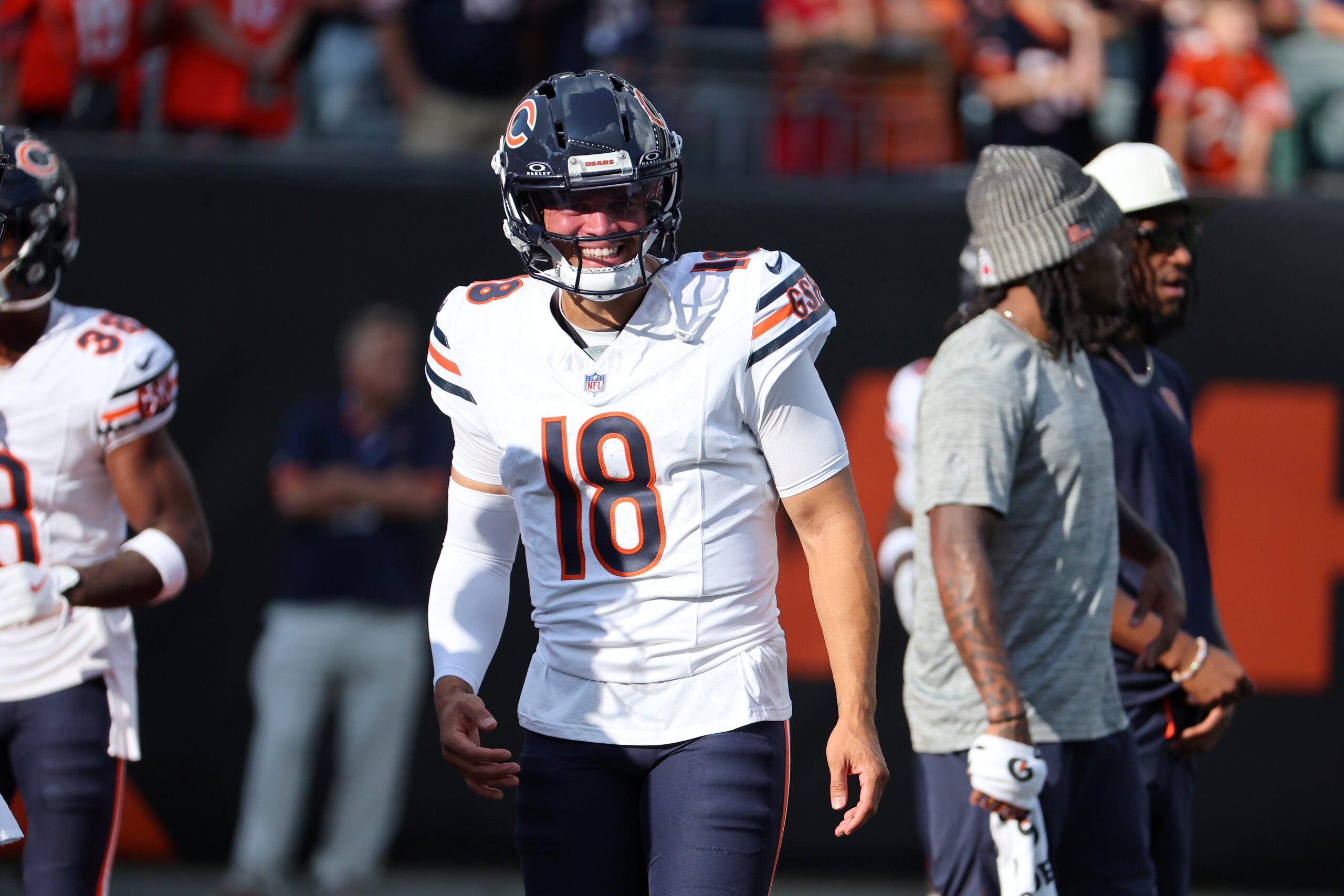Aug 22, 2026; Cincinnati, Ohio, USA; Chicago Bears quarterback Caleb Williams (18) warms up before the game against the Cincinnati Bengals at Paycor Stadium.