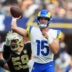 Aug 22, 2026; Inglewood, California, USA; Los Angeles Rams quarterback Ty Simpson (15) throws the ball against defensive Garrett Nelson (59) in the second half at SoFi Stadium.