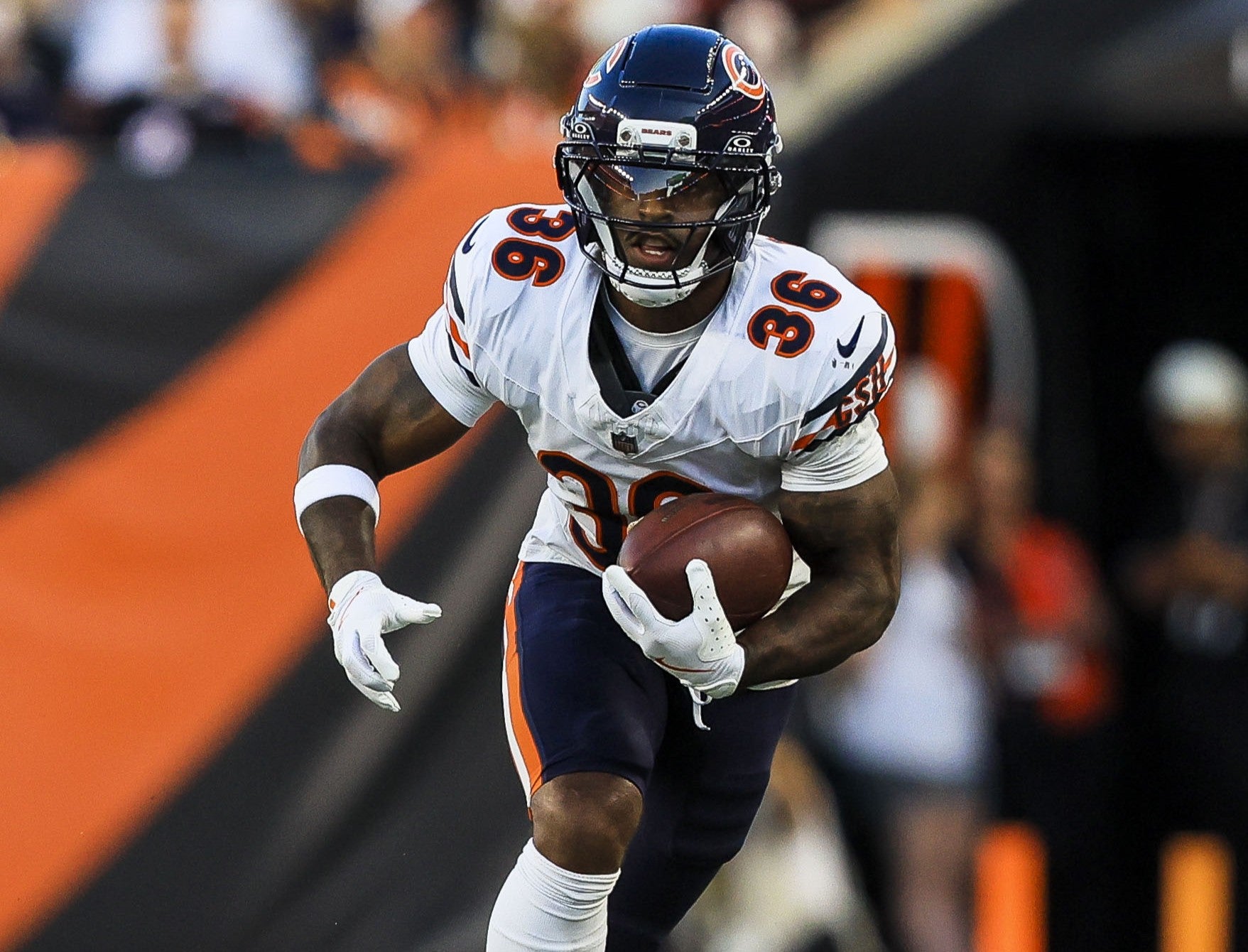Aug 22, 2026; Cincinnati, Ohio, USA; Chicago Bears running back Salvon Ahmed (36) runs with the ball against the Cincinnati Bengals in the first half at Paycor Stadium.