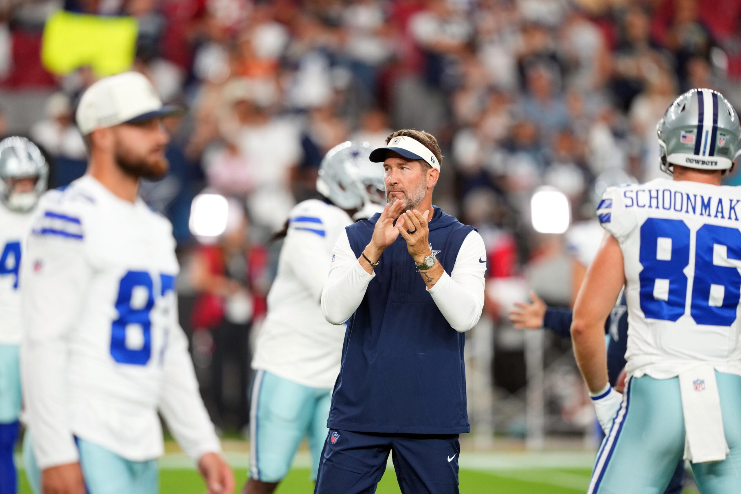 Aug 22, 2026; Glendale, Arizona, USA; Dallas Cowboys head coach Brian Schottenheimer before the game against the Arizona Cardinals at State Farm Stadium.