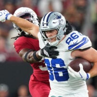 Aug 22, 2026; Glendale, Arizona, USA; Dallas Cowboys tight end Luke Schoonmaker (86) delivers a stiff arm to Arizona Cardinals safety Kitan Crawford (36) during the first half at State Farm Stadium.